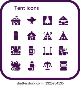 tent icon set. 16 filled tent icons.  Collection Of - Circus, Totem, Stage, Tent, Thermo, Hut, Trapeze, Campfire, Carousel, Fishing line