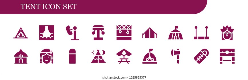 tent icon set. 18 filled tent icons.  Collection Of - Tent, Stage, Amusement park, Circus, Trapeze, Indian, Hut, Native american, Thermo, Picnic table, Ax, Sleeping bag, Pillory