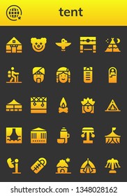 tent icon set. 26 filled tent icons.  Simple modern icons about  - Tent, Travel, Clown, Totem, Pillory, Hiking, Indian, Native american, Sleeping bag, Jaima Stage, Campfire