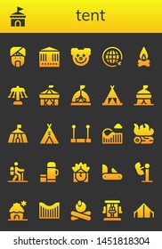 tent icon set. 26 filled tent icons.  Collection Of - Indian, Circus, Carousel, Clown, Travel, Campfire, Tent, Trapeze, Roller coaster, Hiking, Thermo, Penknife, Amusement park