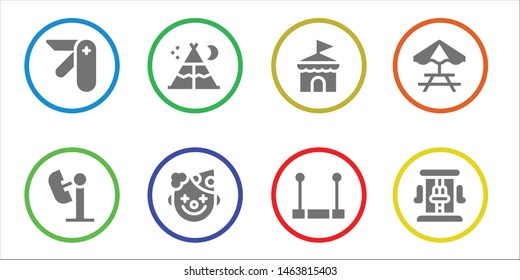 tent icon set. 8 filled tent icons.  Simple modern icons about  - Pocket knife, Amusement park, Tent, Clown, Circus, Trapeze, Picnic table, Roller coaster