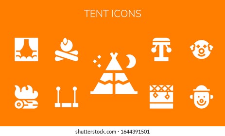 tent icon set. 9 filled tent icons.  Simple modern icons such as: Tent, Trapeze, Campfire, Stage, Clown, Amusement park