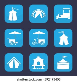 tent icon. Set of 9 filled tent icons such as fast food cart, tent