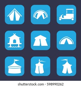 tent icon. Set of 9 filled tent icons such as tent, fast food cart