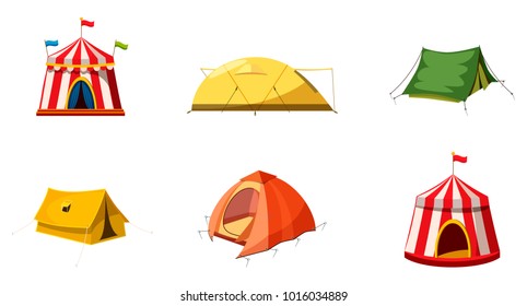 Tent icon set. Cartoon set of tent vector icons for web design isolated on white background
