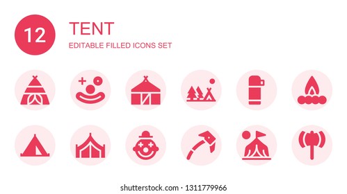 tent icon set. Collection of 12 filled tent icons included Tent, Clown, Hut, Camping, Thermo, Ice axe, Camp, Campfire, Ax