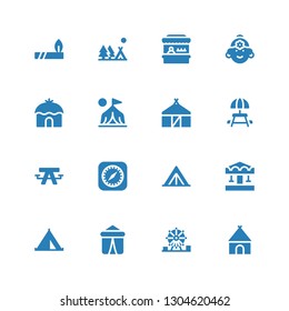 tent icon set. Collection of 16 filled tent icons included Hut, Amusement park, Tent, Carousel, Safari, Picnic table, Camp, Indian, Fairground, Camping