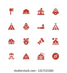 tent icon set. Collection of 16 filled tent icons included Adventure, Bungalow, Tent, Picnic table, Camp, Ax, Clown, Cabin, Indian, Carousel