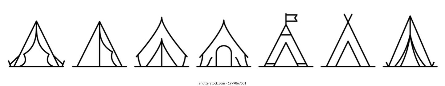 Icono de la tienda. Conjunto de iconos de tienda. Ilustración vectorial. Iconos lineales de acampada o de viaje