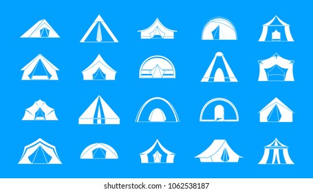 Tent icon set. Simple set of tent vector icons for web design isolated on blue background