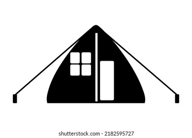 Tent Icon. Tourist Tent Black Silhouette. Traveler Shelter Or Marquee Sign. Camping Tent Simple Symbol. Place To Sleep Or Accommodation In Outdoor.Camp Logo, Mark Or Insignia.Stock Vector Illustration