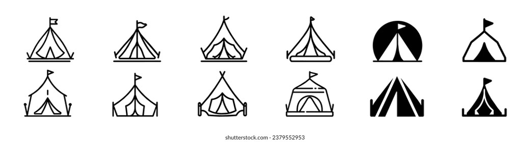 Tent Icon, Tourist tent icon vector, camping tent icon, Camping circus silhouette set. Tourist tent with a canopy, reinforced with a rope with a peg, circus icon