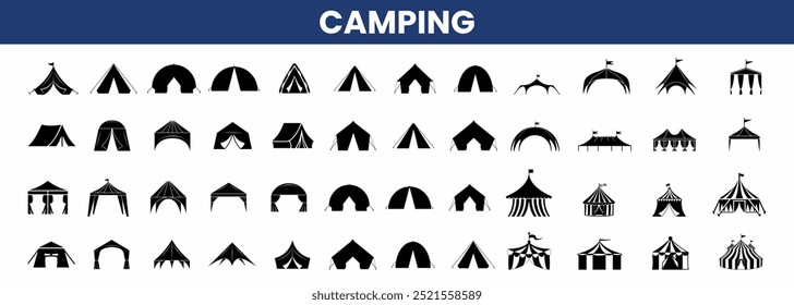 Zeltsymbol, Vektorgrafik. Camping Hütte flach Symbol-Set, Flüchtlingshaus Symbol. Tourismus Camping.