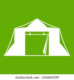 Tent icon white isolated on green background. Vector illustration