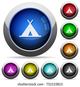 Tent icons in round glossy buttons with steel frames