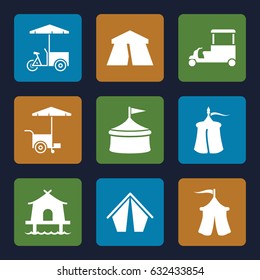 Tent icons set. set of 9 tent filled icons such as tent, fast food cart