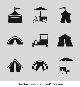 Tent icons set. set of 9 tent filled icons such as tent, fast food cart