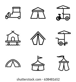 Tent icons set. set of 9 tent outline icons such as tent, fast food cart