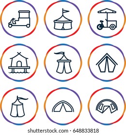 Tent icons set. set of 9 tent outline icons such as fast food cart, tent