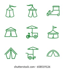 Tent icons set. set of 9 tent outline icons such as tent, fast food cart