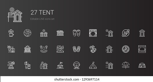 tent icons set. Collection of tent with cabin, clown, circus, mongolian, indian tent, carousel, flip flop, campfire, stage, flip flops, sun umbrella. Editable and scalable icons.