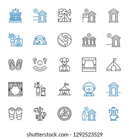 tent icons set. Collection of tent with carousel, cabin, flip flops, clown, circus, mongolian, stage, flip flop, cabins, travel, campfire. Editable and scalable tent icons.