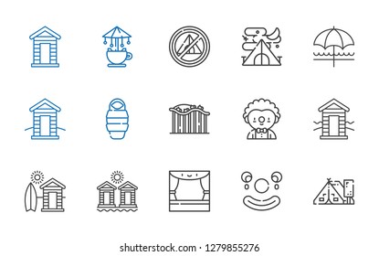 tent icons set. Collection of tent with clown, stage, cabins, cabin, roller coaster, sleeping bag, sun umbrella, carousel. Editable and scalable tent icons.