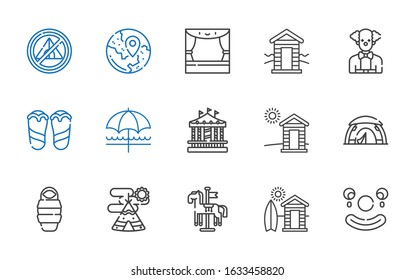 tent icons set. Collection of tent with clown, cabin, carousel, indian tent, sleeping bag, sun umbrella, flip flops, stage, travel. Editable and scalable icons.