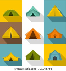 Tent icons set. Flat set of 9 tent vector icons for web with long shadow