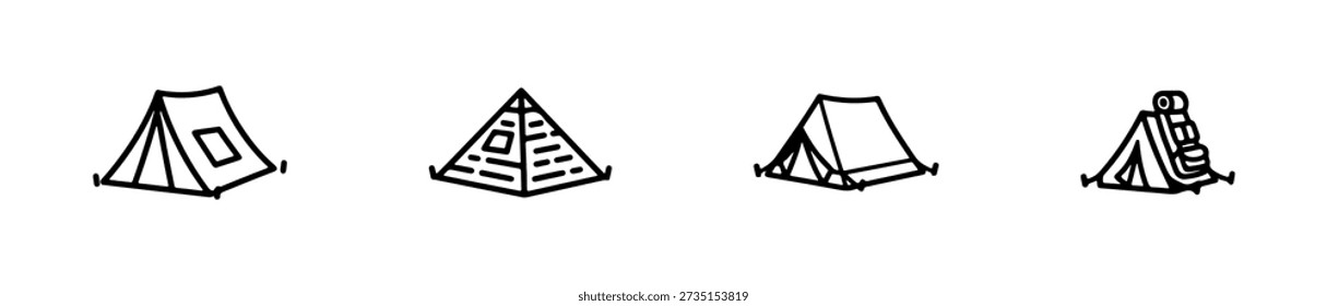Tent icons in various styles including A-frame, dome, and bell shapes for outdoor and camping themes.