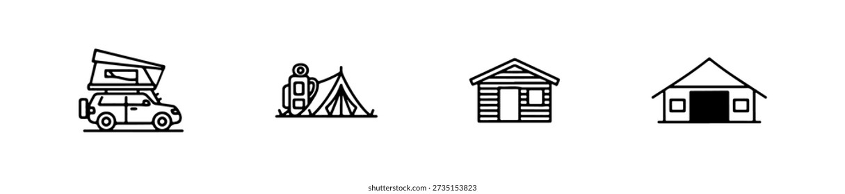 Tent icons in various styles including A-frame, dome, and bell shapes for outdoor and camping themes.