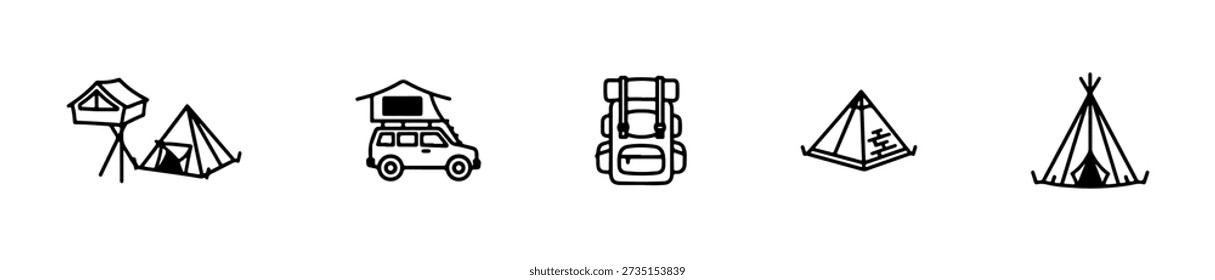 Tent icons in various styles including A-frame, dome, and bell shapes for outdoor and camping themes.