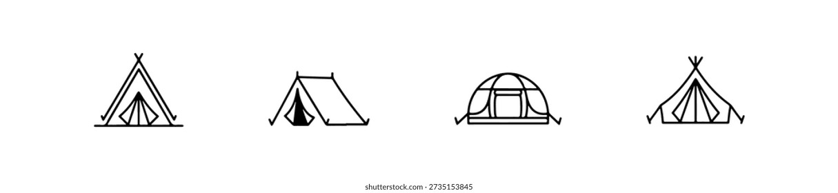 Tent icons in various styles including A-frame, dome, and bell shapes for outdoor and camping themes.