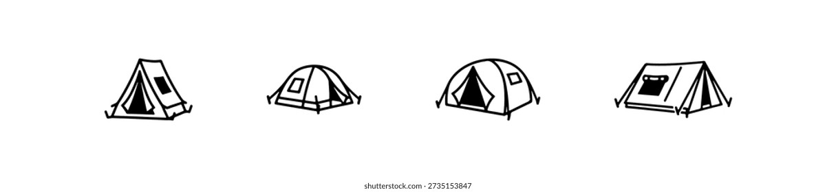 Tent icons in various styles including A-frame, dome, and bell shapes for outdoor and camping themes.
