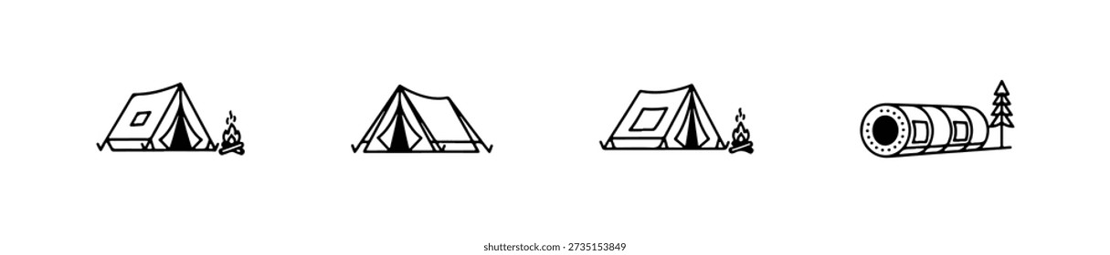 Tent icons in various styles including A-frame, dome, and bell shapes for outdoor and camping themes.