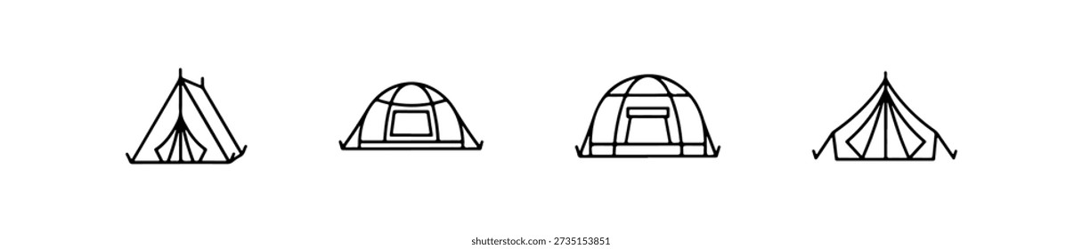 Tent icons in various styles including A-frame, dome, and bell shapes for outdoor and camping themes.