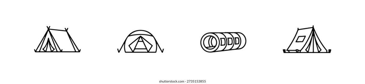 Tent icons in various styles including A-frame, dome, and bell shapes for outdoor and camping themes.