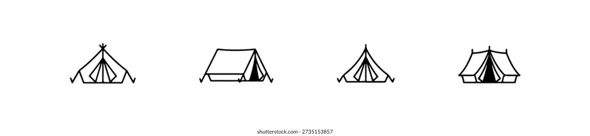 Tent icons in various styles including A-frame, dome, and bell shapes for outdoor and camping themes.