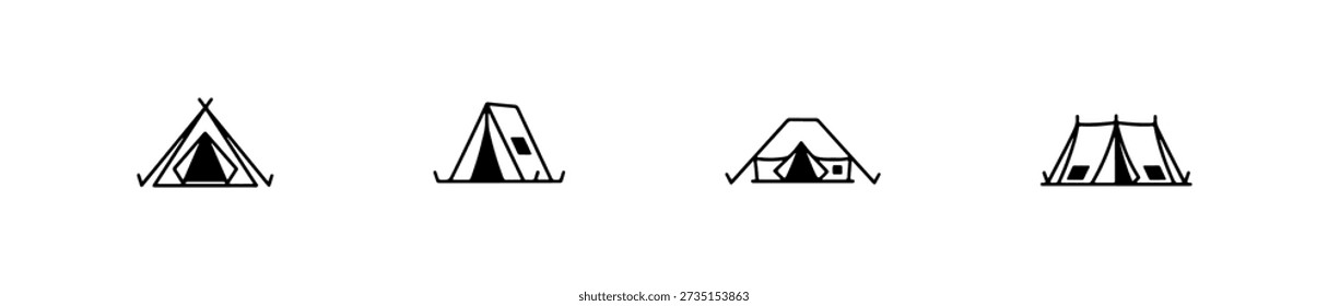 Tent icons in various styles including A-frame, dome, and bell shapes for outdoor and camping themes.
