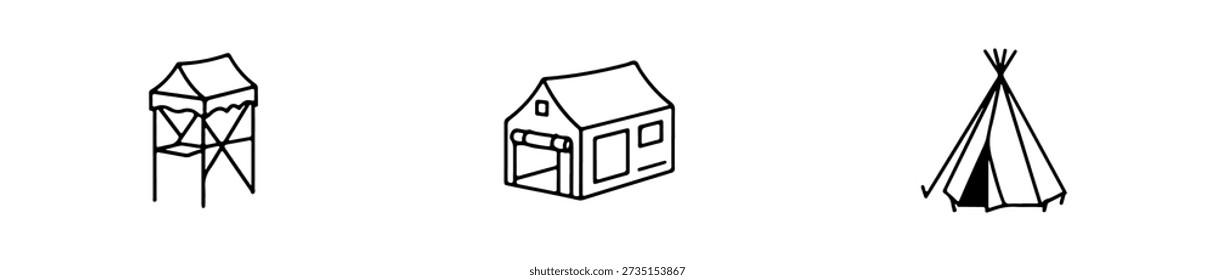Tent icons in various styles including A-frame, dome, and bell shapes for outdoor and camping themes.