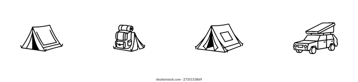 Tent icons in various styles including A-frame, dome, and bell shapes for outdoor and camping themes.