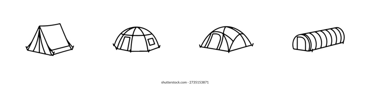 Tent icons in various styles including A-frame, dome, and bell shapes for outdoor and camping themes.