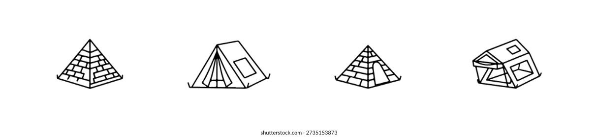 Tent icons in various styles including A-frame, dome, and bell shapes for outdoor and camping themes.