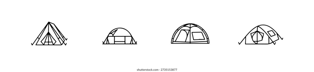 Tent icons in various styles including A-frame, dome, and bell shapes for outdoor and camping themes.