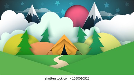 Tent illustration. Cartoon paper landscape. Vector eps 10