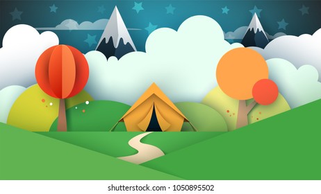 Tent illustration. Cartoon paper landscape. Vector eps 10