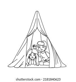 Tent Kid Vector. Room Family Boy Girl, Home Children Play, Teepee House Indoor Tent Kid Character. People Black Line Pencil Drawing Vector Illustration