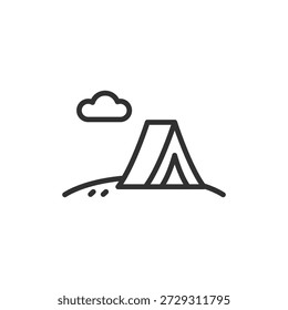 Tienda en paisaje, icono lineal. Camping y Ocio al aire libre. Línea con trazo editable.