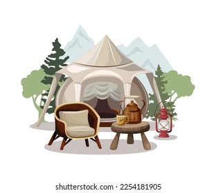 Tent, lantern, chair near table with hot drink. Modern outdoor recreation. Glamping concept. Vector illustration.