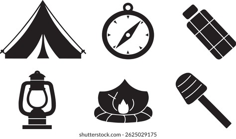 Tent Lantern and Compass Icon Set